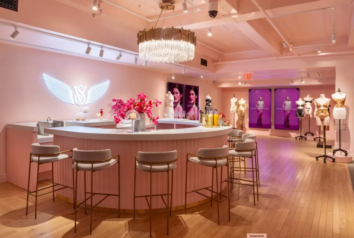 Victoria's Secret Fifth Avenue flagship champagne bar with portrait Samsung displays, installed by CrownTV
